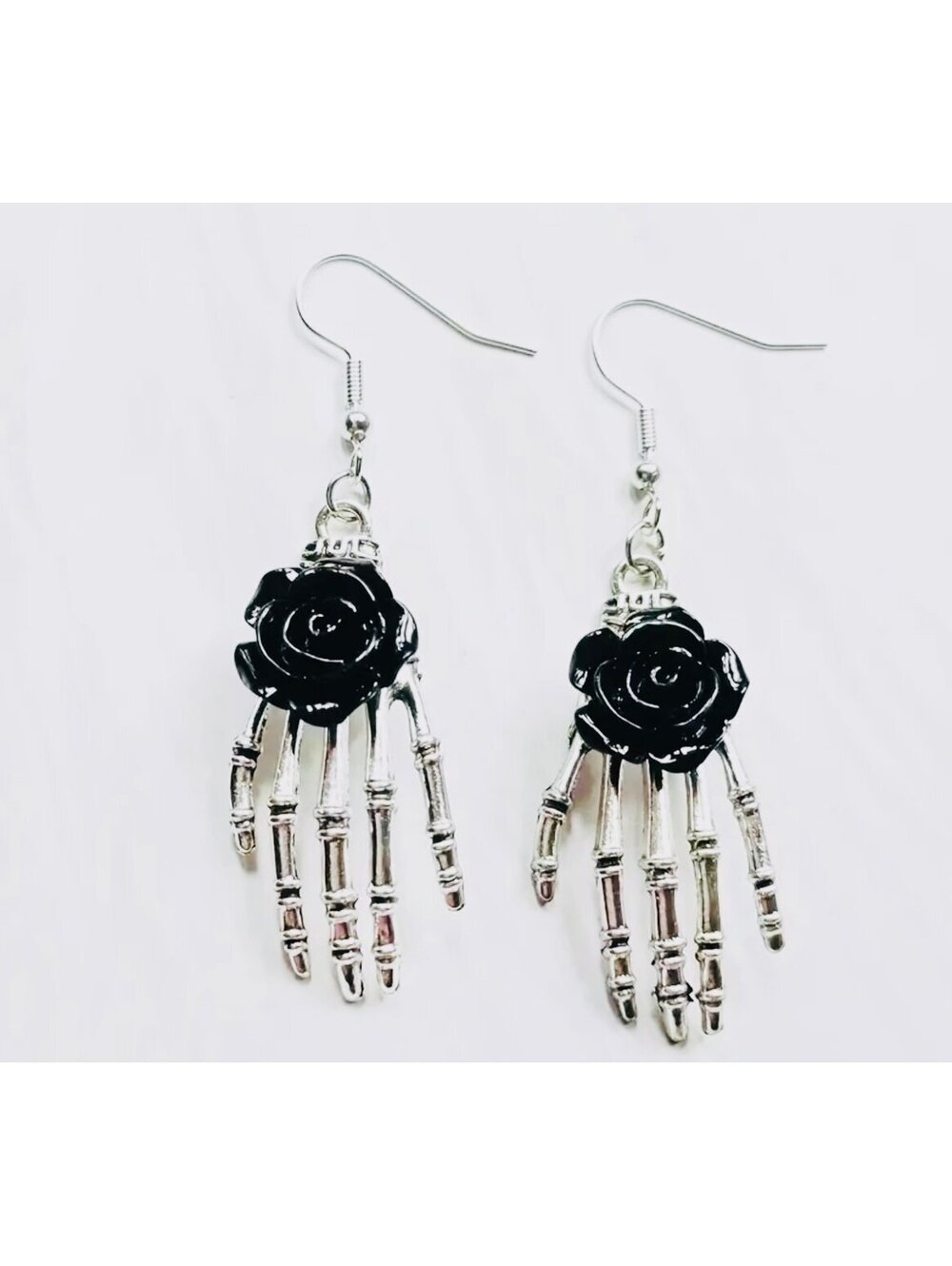 New - Rose Skeleton Hand Dangle Earrings - Black